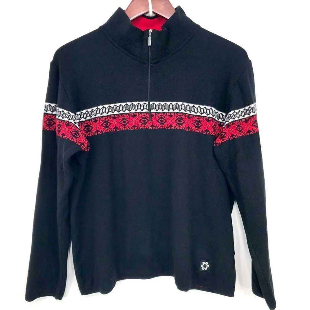Newland Red Black Wool Blend Quarter Zip Mock Neck Pullover Holiday Ski Sweater